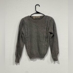 Vintage Chic Gray Sweater with Pearl Details